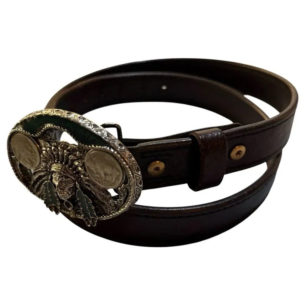 Milt Sparks Genuine Leather Belt 39 RH Native American Buffalo Nickel Buckle 45”